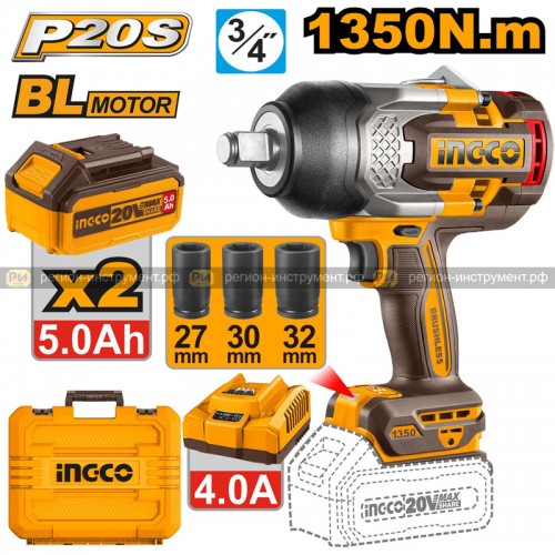 Аккумуляторный бесщеточный ударный гайковерт   INGCO CIWLI20135 INDUSTRIAL 20 В 3/4" 1350 Нм / 1900 Нм